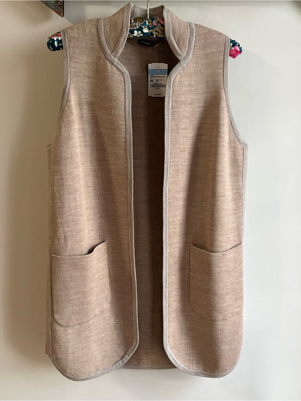 J. McLaughlin Wool Vest Extra Small Mid Length Wool Brown Jacket Open Front NWT - Picture 2 of 16